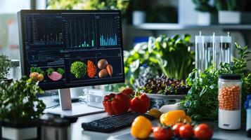 Modern laboratory workstation with produce and digital data displays. photo