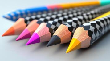 Colored pencils showing their sharp tips in a row arrangement photo