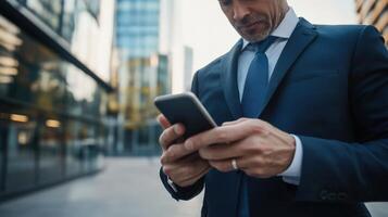 A professional man in a suit uses a smartphone device photo