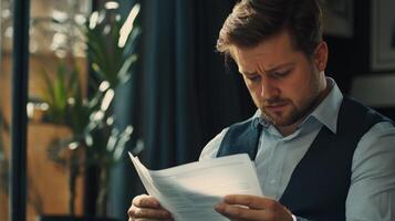 A concerned man reads through a document indoors carefully photo