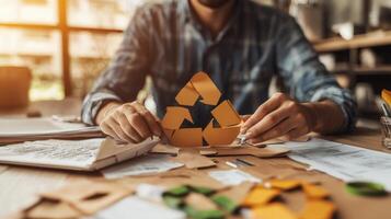 Person constructing a recycling symbol with cardboard on a table photo