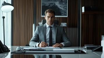 A serious man in a suit looks directly from an office desk photo