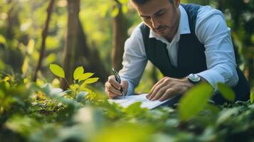 A gentleman writing in a forest surrounded by green foliage photo