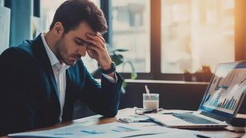 A stressed businessman is working on a laptop at his office photo
