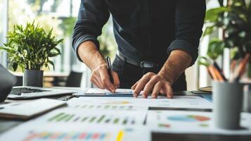 Man writing with a pen on paperwork at the office desk photo