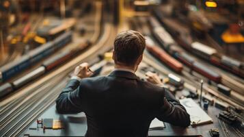A man observes model trains from a control room perspective photo