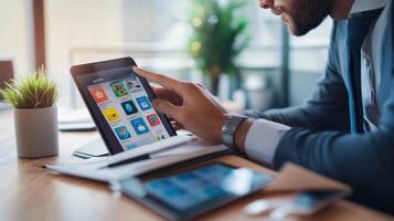 A man uses a tablet to access applications at a desk photo