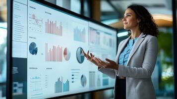 A professional woman presenting business data on a large screen photo