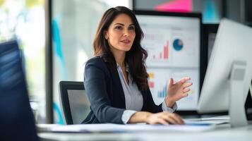 A woman in a suit speaks during a work meeting photo