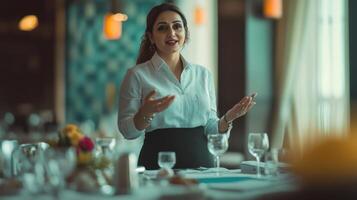A woman presenting a business meeting in a restaurant setting photo