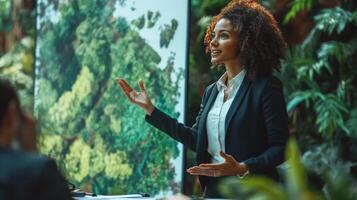 Businesswoman is presenting during a conference in a green environment photo