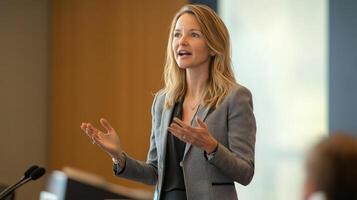 Woman speaking at a conference with animated gestures during presentation photo