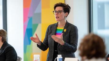 Woman in business meeting, speaking passionately. photo