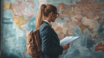 A woman studying papers in front of a world map photo