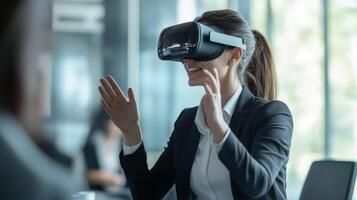 Woman wearing virtual reality headset interacting in professional setting photo
