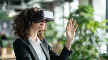 A woman using virtual reality headset waving her hand smiling photo