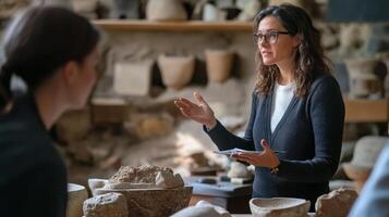 A woman leading a tour in a museum setting photo