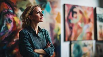 A Woman Posing In Front Of Colorful Art Paintings photo
