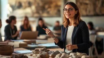 A woman presenting in a meeting room with artifacts and colleagues photo