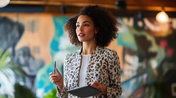 A stylish woman giving a presentation holding a tablet photo