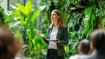 A woman presenting information to an audience in front of plants photo