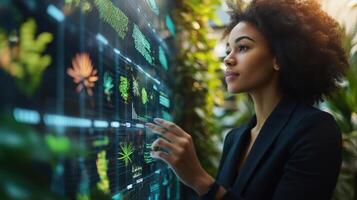 Businesswoman interacting with a screen displaying plant data analysis photo