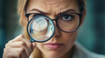 A woman looking through a magnifying glass intently photo