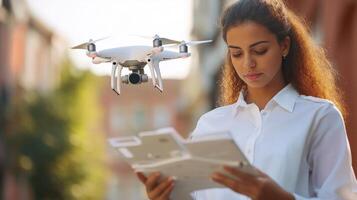 A woman operating a drone outdoors with focus and concentration photo