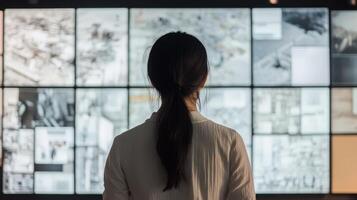 A person viewing a series of screens with various images on them photo