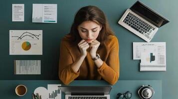 Young woman thoughtfully working surrounded by analytical reports and a laptop photo