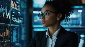 A business professional looking intently at data on multiple screens photo