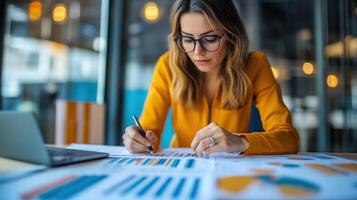 A woman analyzes charts and graphs in an office setting photo