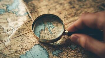 Antique map magnified through a magnifying glass. photo
