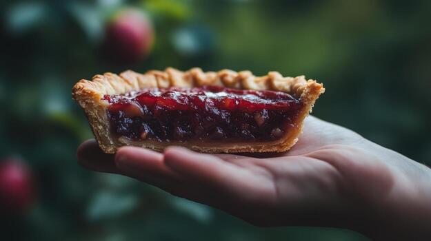 Close-up view of a hand-held fruit pie slice. photo