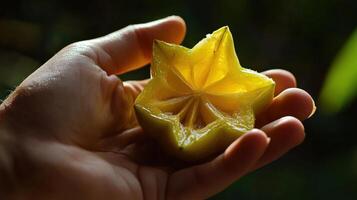 Close-up of a halved starfruit held in a hand. photo