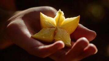 Close-up view of a star fruit held in a hand. w photo