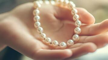 Delicate pearl bracelet held in a soft hand. photo