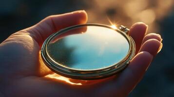 Golden handheld mirror reflecting sunlight. photo