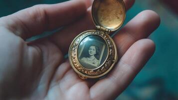 Antique locket holds a vintage photograph. photo