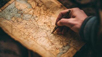 A person's hand studying an antique map. photo