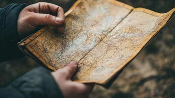 Hands holding an aged map of a mountainous region. photo