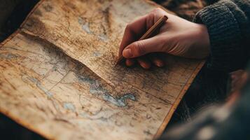 Close-up view of a hand tracing a vintage map. photo