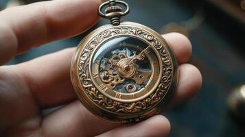 Close-up of a vintage pocket watch in a hand. photo