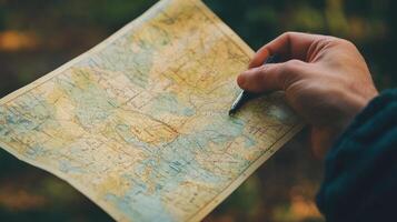 Close-up of a person's hand holding a vintage map. photo