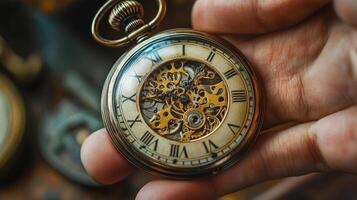 Vintage pocket watch mechanism held in a hand. photo
