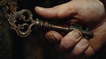 Aged antique key held in a weathered hand. photo