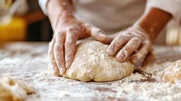 Close-up view of hands kneading dough on a floured surface. m photo