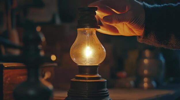 Close-up view of a person lighting an antique style lamp. photo