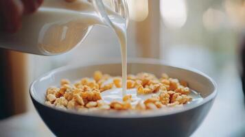 Milk being poured over breakfast cereal in a bowl. photo
