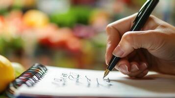 Close-up of a hand writing in a spiral notebook. photo